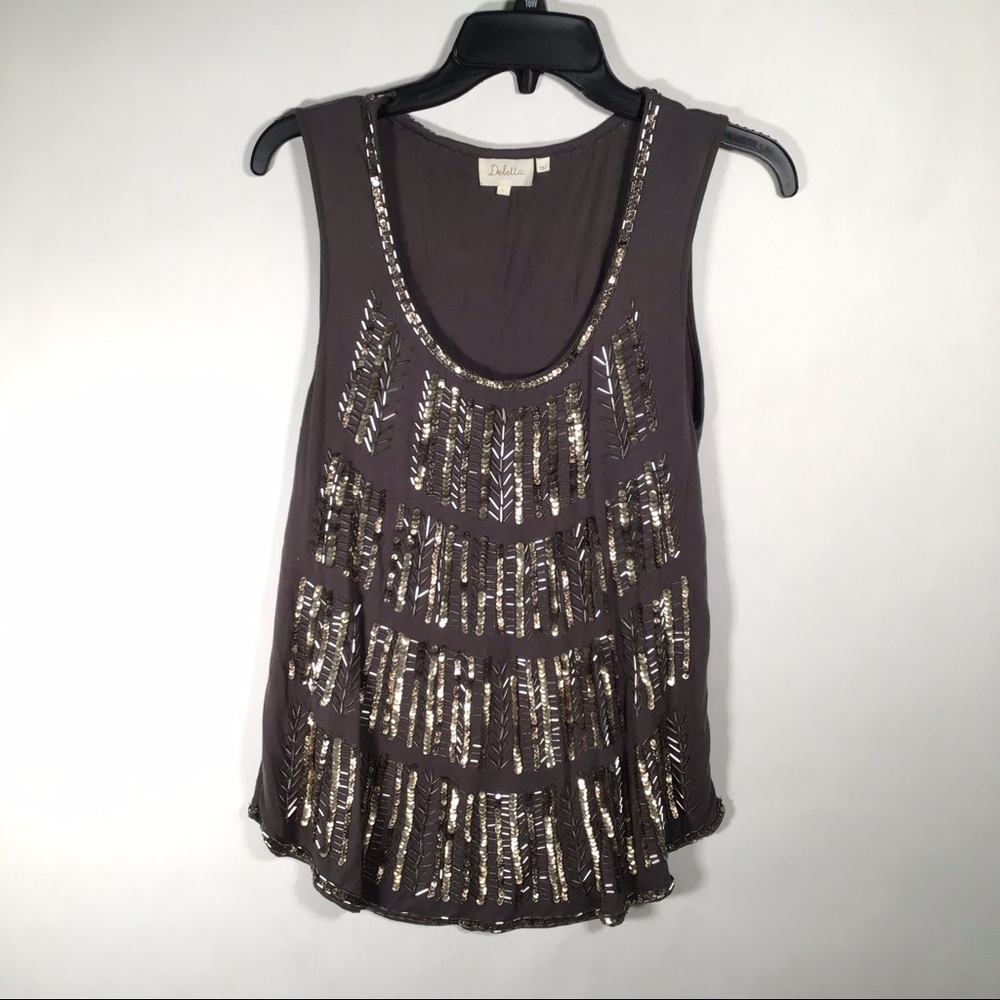 Anthropologie Deletta Brown Sequin Beaded Tank Top